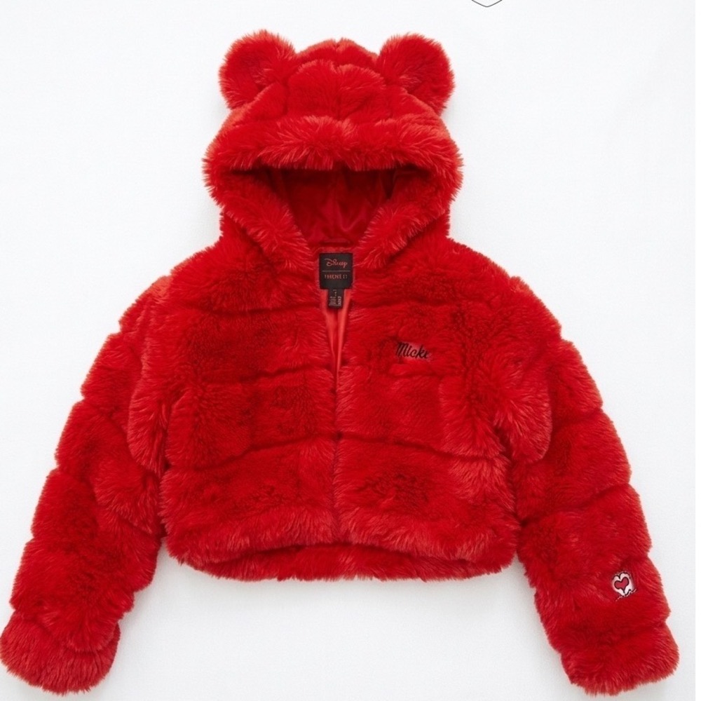 Disney Forever 21 Red Faux Fur Mickey Mouse Ear Hooded Cropped Jacket Womens M